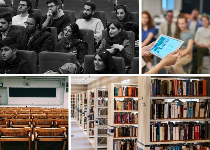 University showing students in a lecture hall, a person using a tablet in a classroom, an empty lecture room, and rows of bookshelves in a library